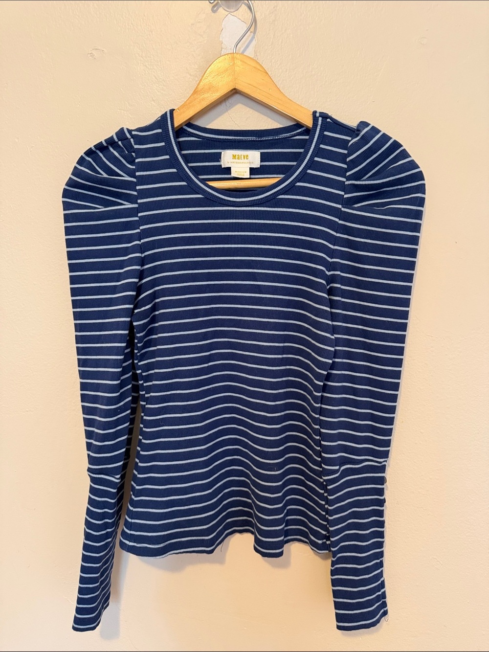 Maeve Navy & White Puff-Shoulder Striped Long Sleeve Tee